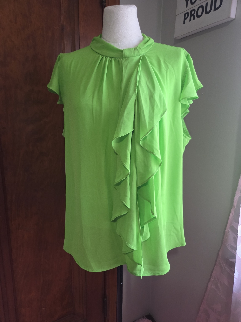New York & Company Neon Green Ruffle Front Blouse